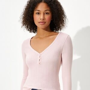 (S) Pastel Pink Ribbed Sleeved T-Shirt (American Eagle)